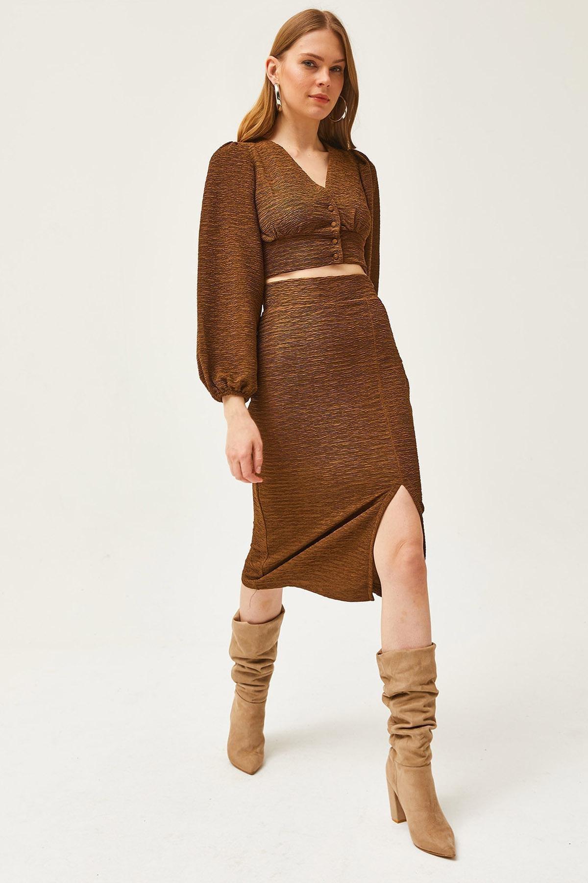 Brown Slit Skirt Knitted Suit, Brown, large image number 0