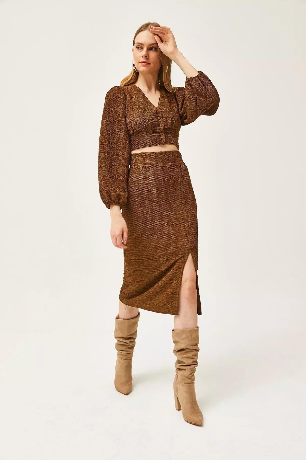Brown Slit Skirt Knitted Suit, Brown, large image number 1