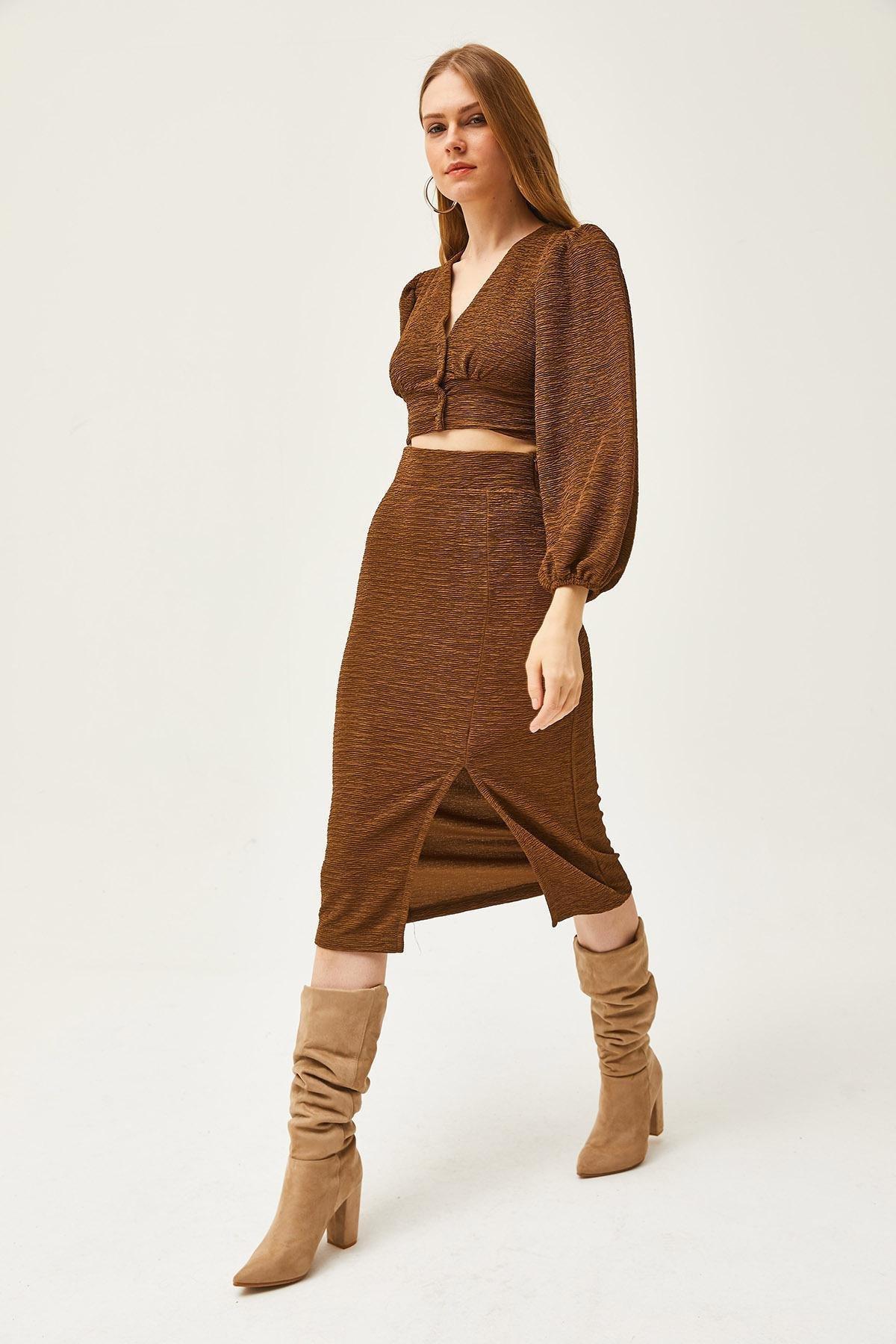 Brown Slit Skirt Knitted Suit, Brown, large image number 2