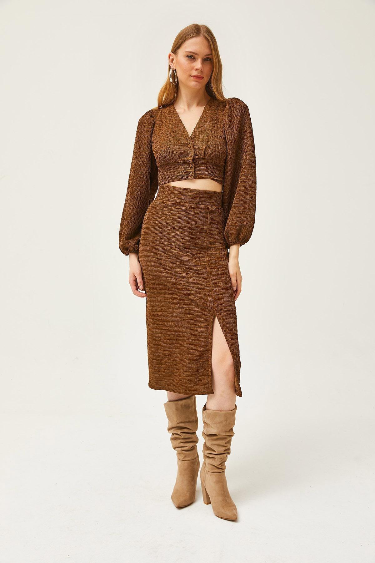 Brown Slit Skirt Knitted Suit, Brown, large image number 3