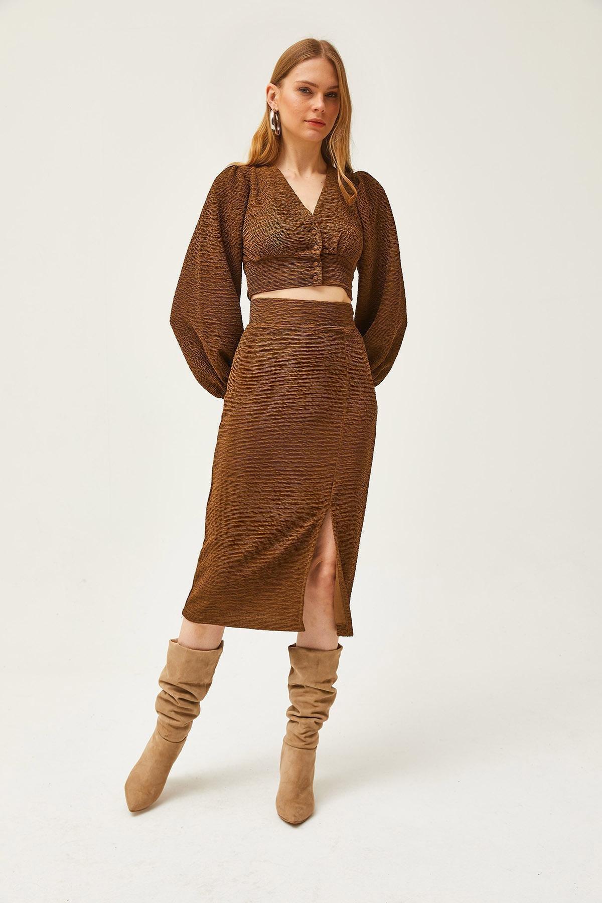 Brown Slit Skirt Knitted Suit, Brown, large image number 4
