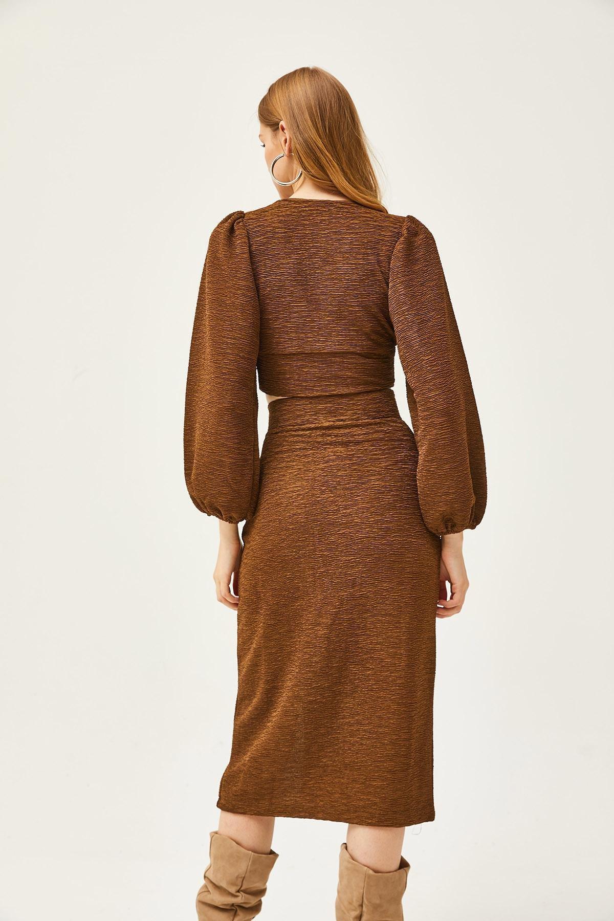 Brown Slit Skirt Knitted Suit, Brown, large image number 5