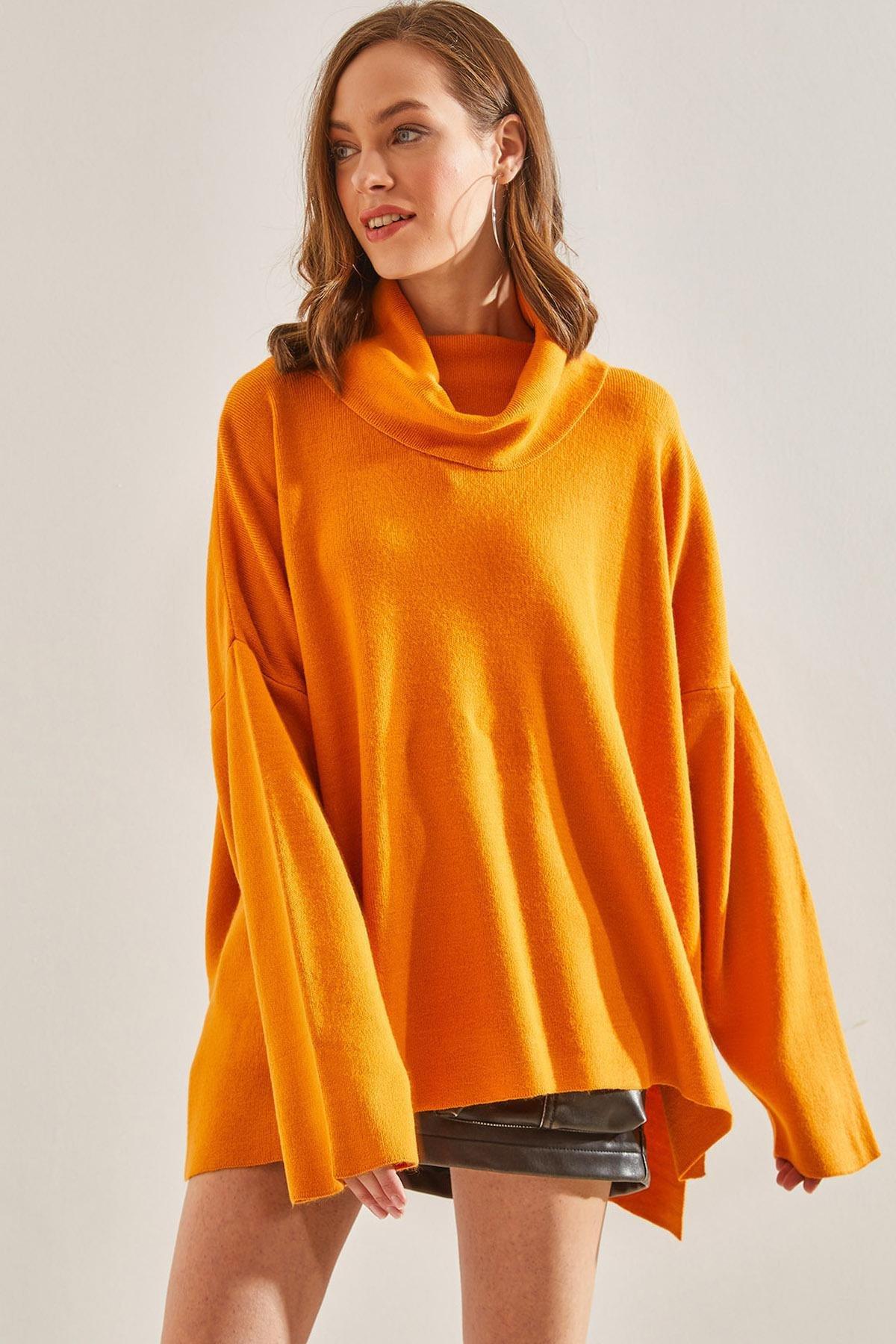 Yellow Oversize Side Slit Turtleneck Sweater, , large image number 0