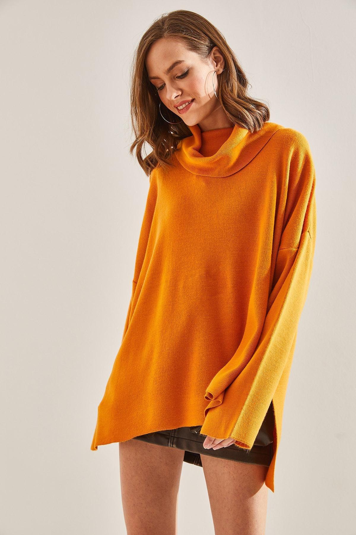 Yellow Oversize Side Slit Turtleneck Sweater, , large image number 1