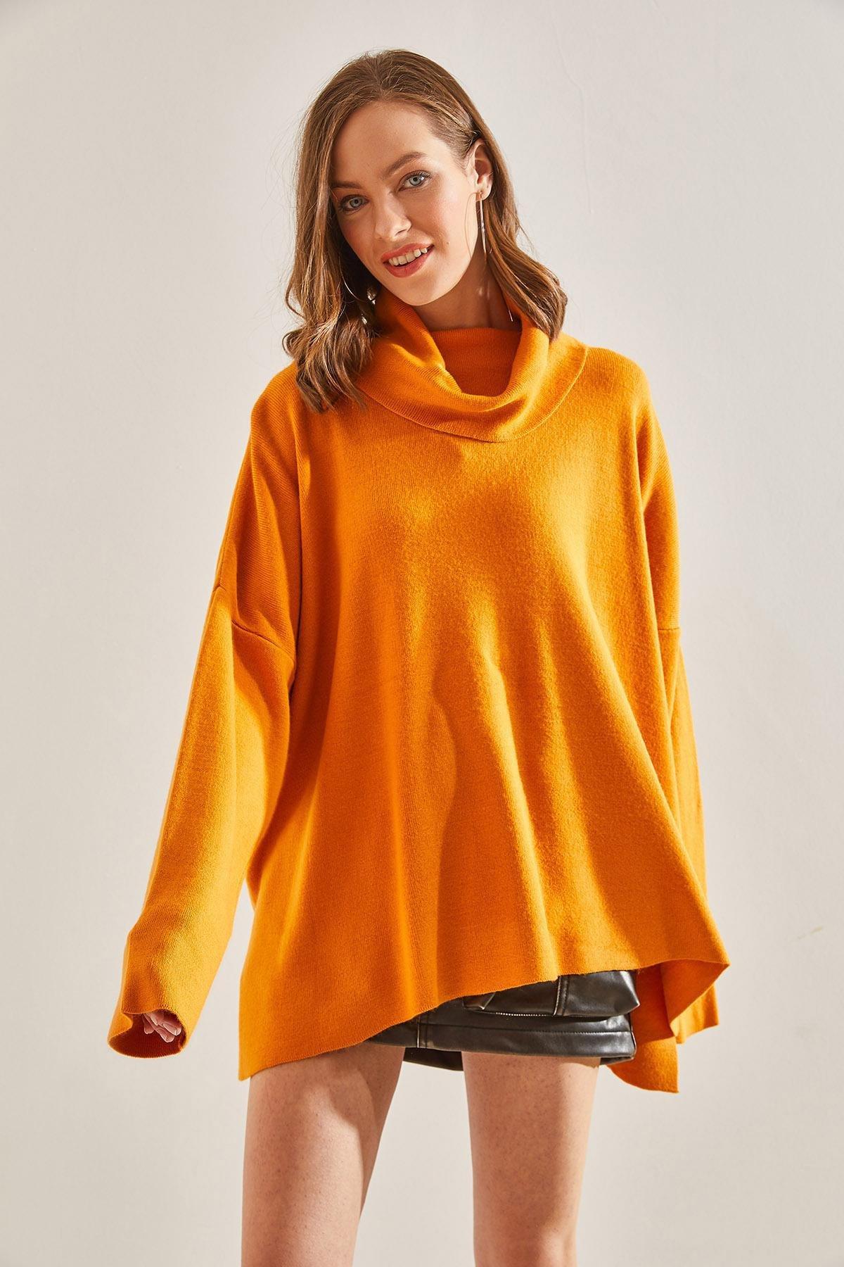 Yellow Oversize Side Slit Turtleneck Sweater, , large image number 2
