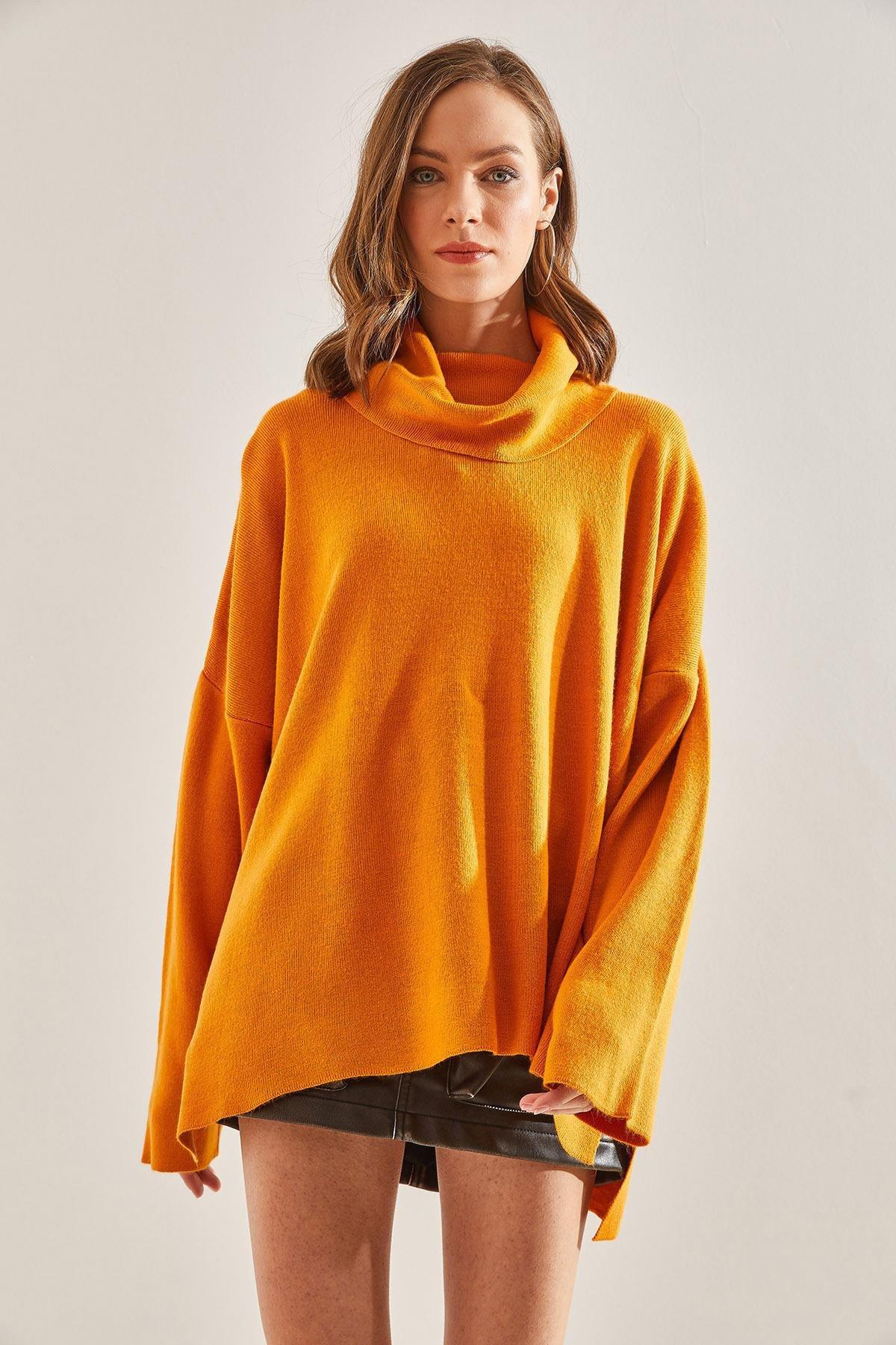 Yellow Oversize Side Slit Turtleneck Sweater, , large image number 5