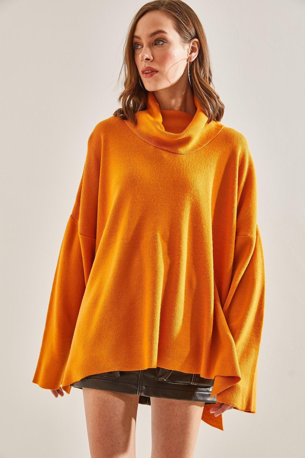 Yellow Oversize Side Slit Turtleneck Sweater, , large image number 6