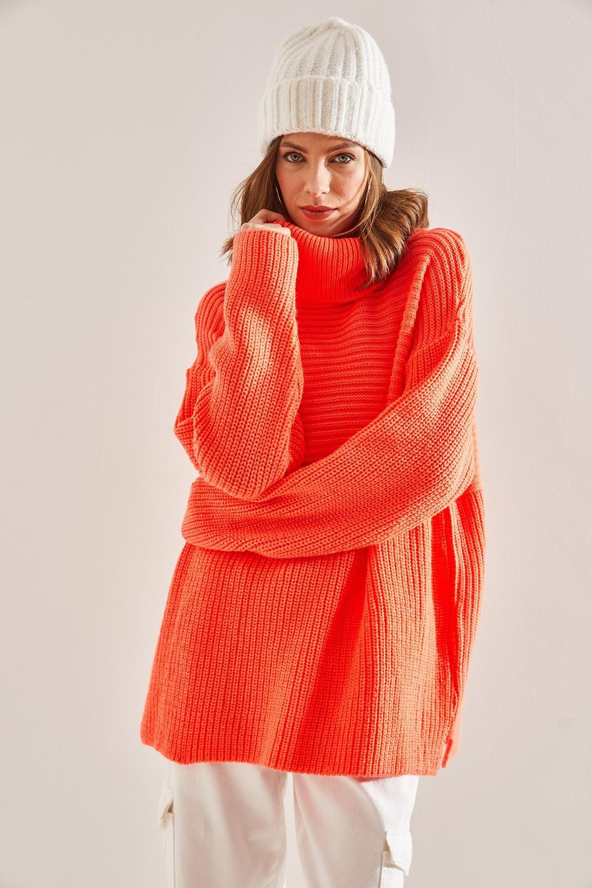 Orange Turtleneck Sweater, Coral, large image number 1