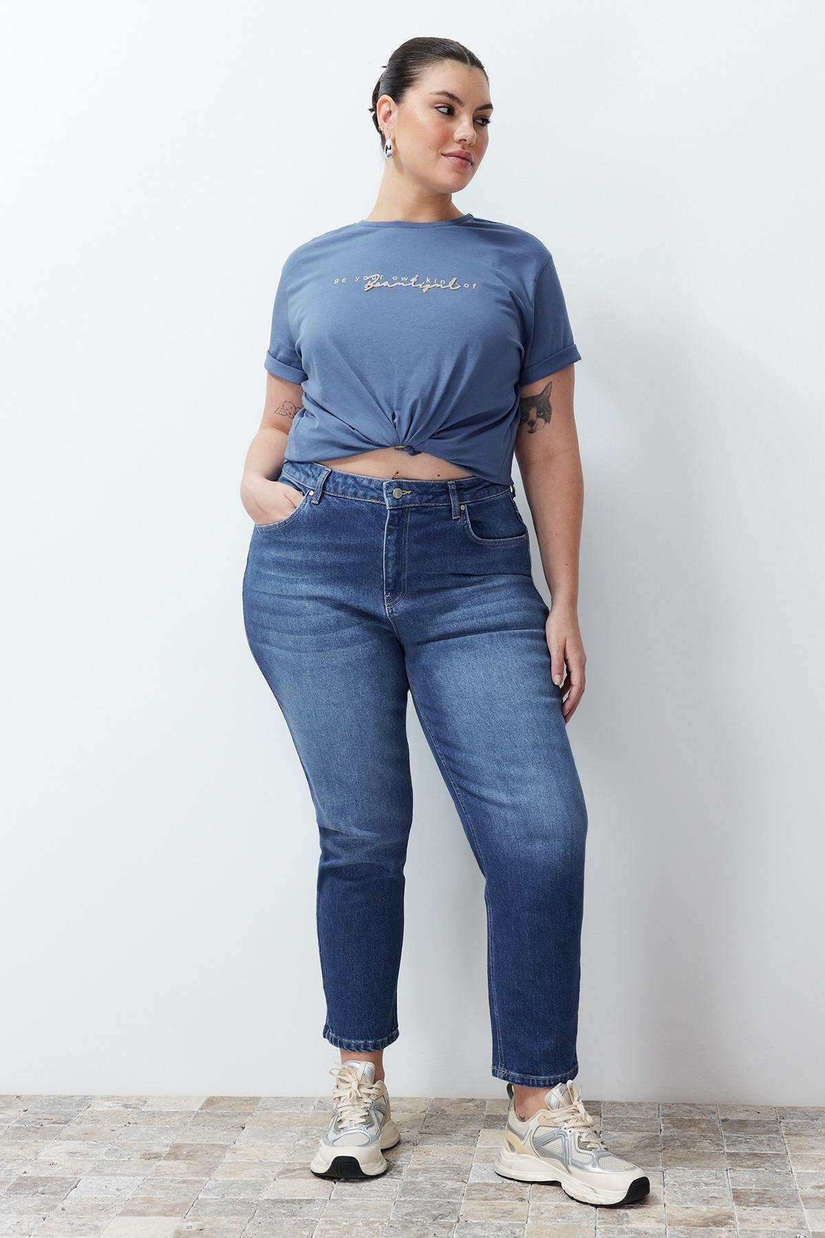 Blue High Waist Slim Mom Jeans, C101_5645, large image number 1