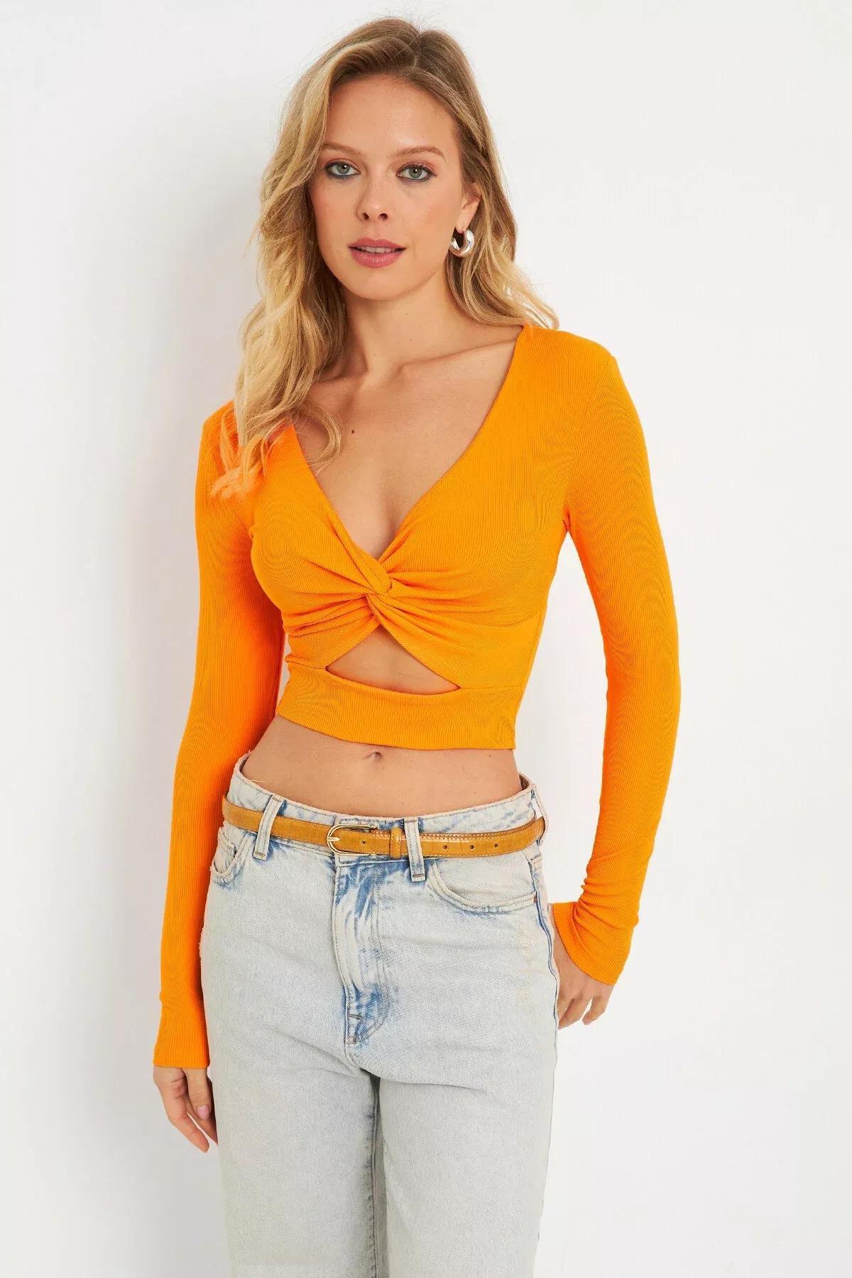 Orange Front Knotted Crop Blouse, Orange, large image number 4