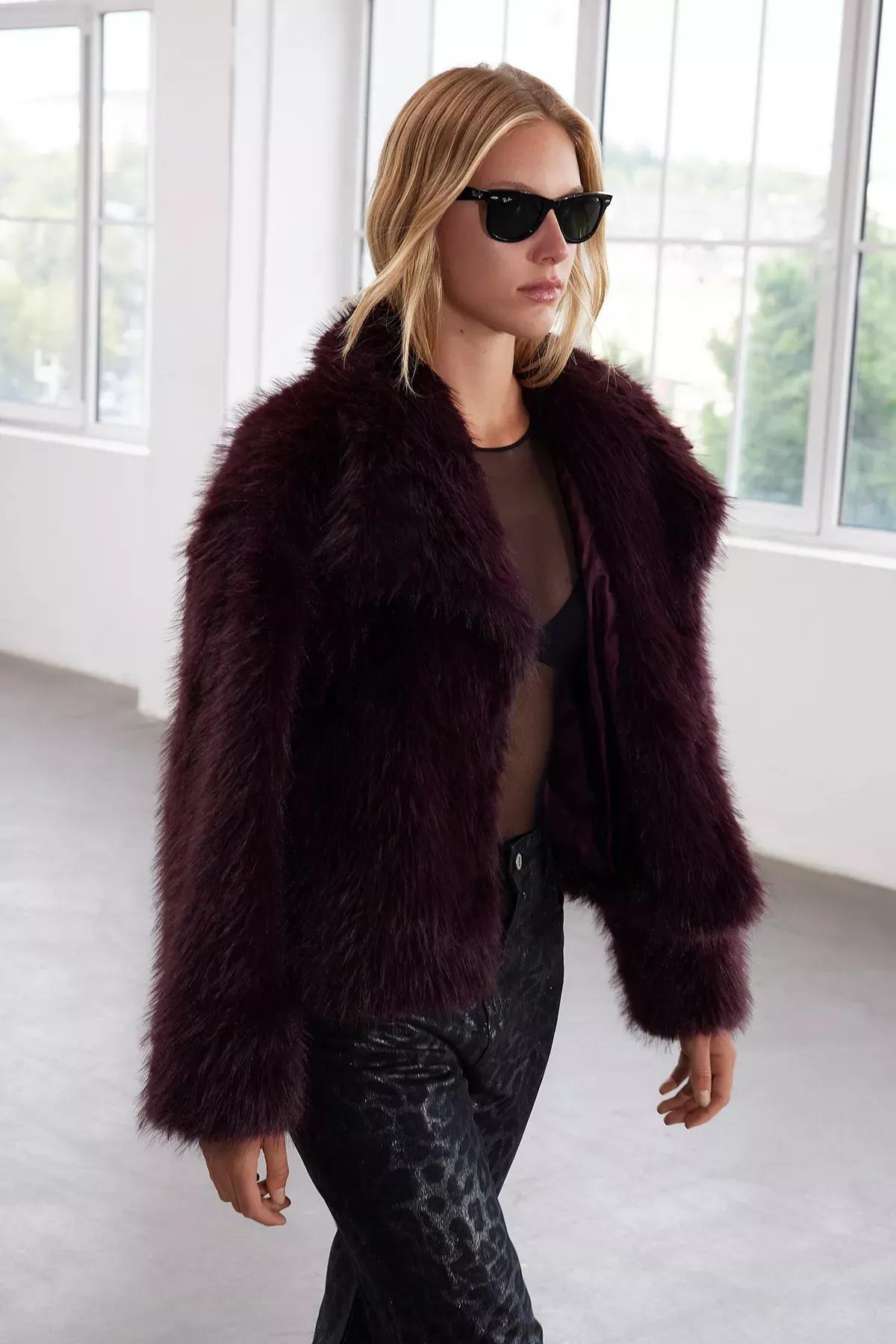 Red Pattern Fur Coat, Burgundy, medium