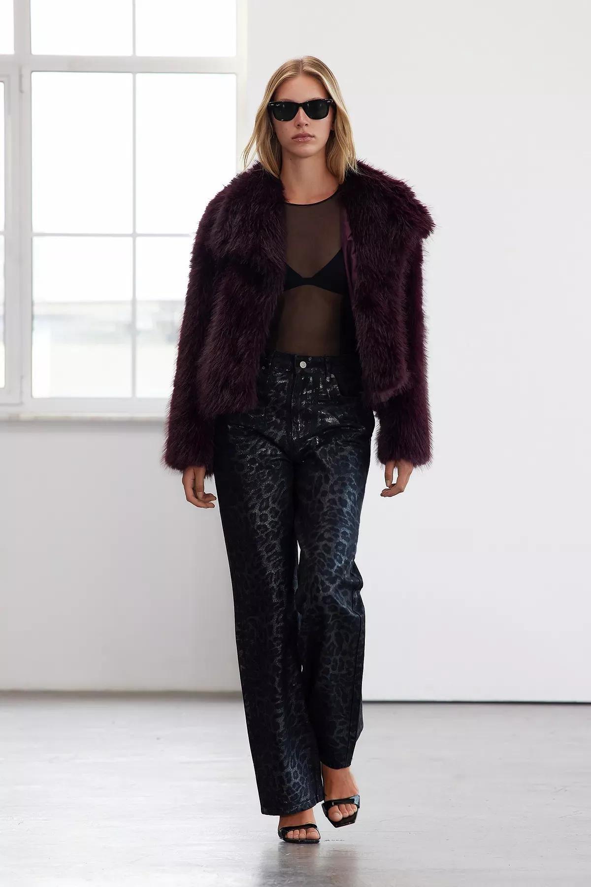 Red Pattern Fur Coat, Burgundy, medium