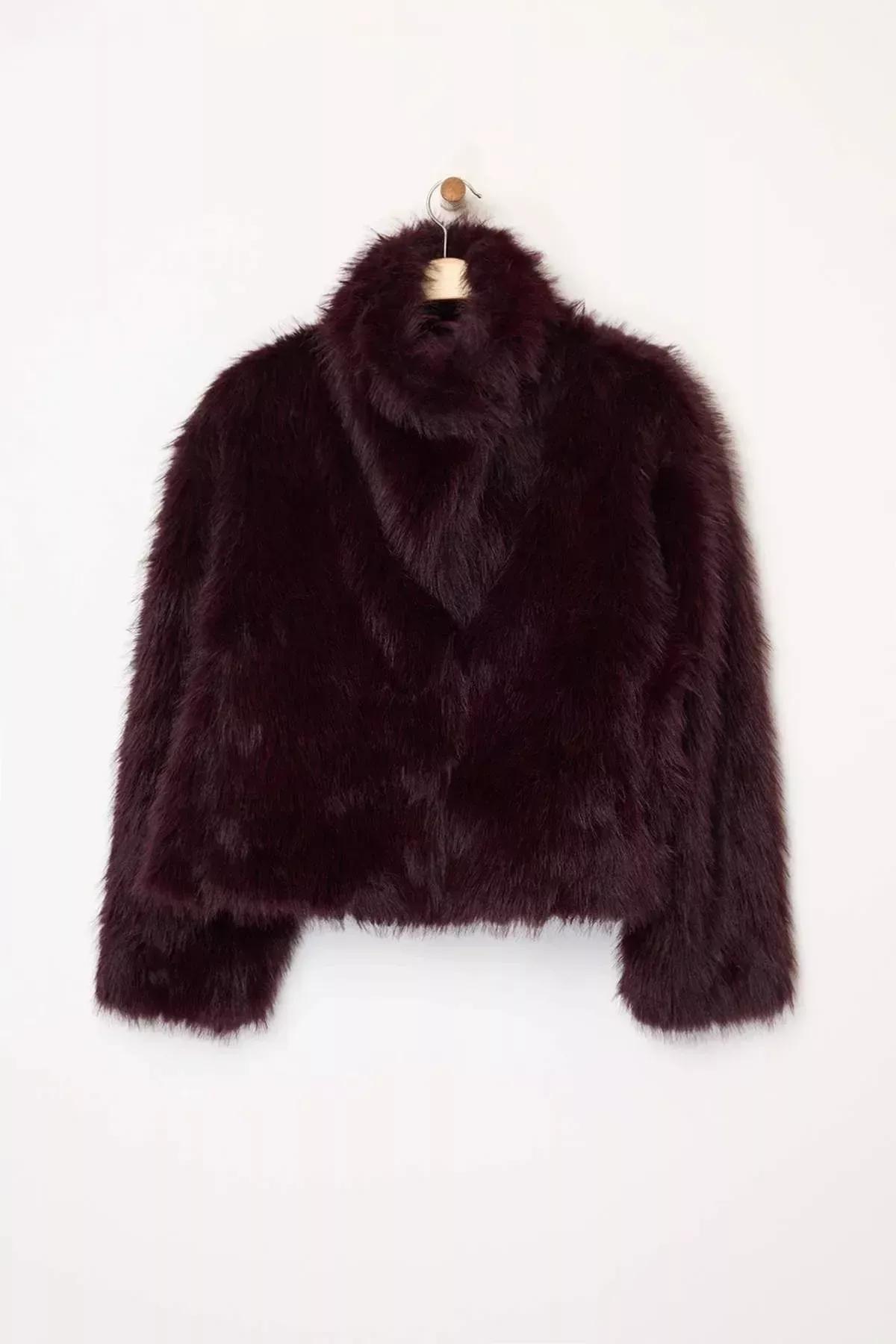 Red Pattern Fur Coat, Burgundy, large image number 6