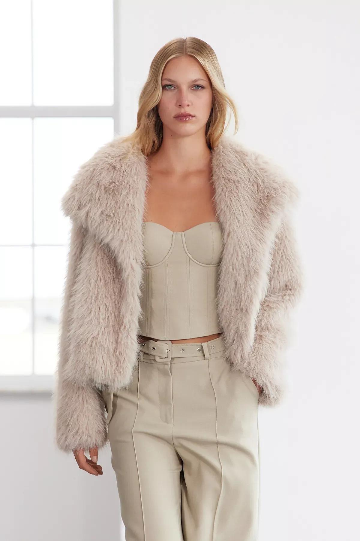 Beige Oversize Pattern Fur Coat, Beige, medium