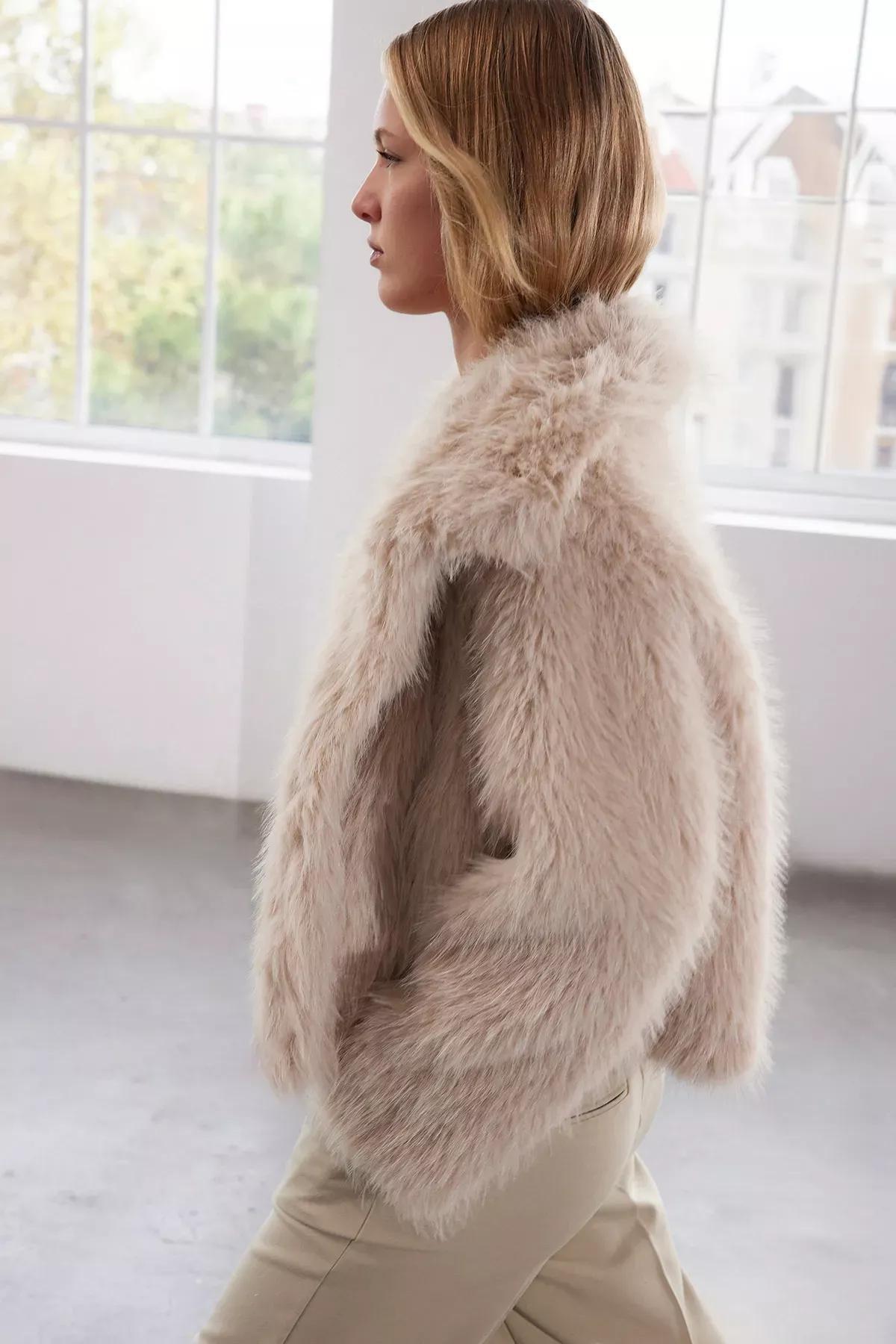 Beige Oversize Pattern Fur Coat, Beige, medium