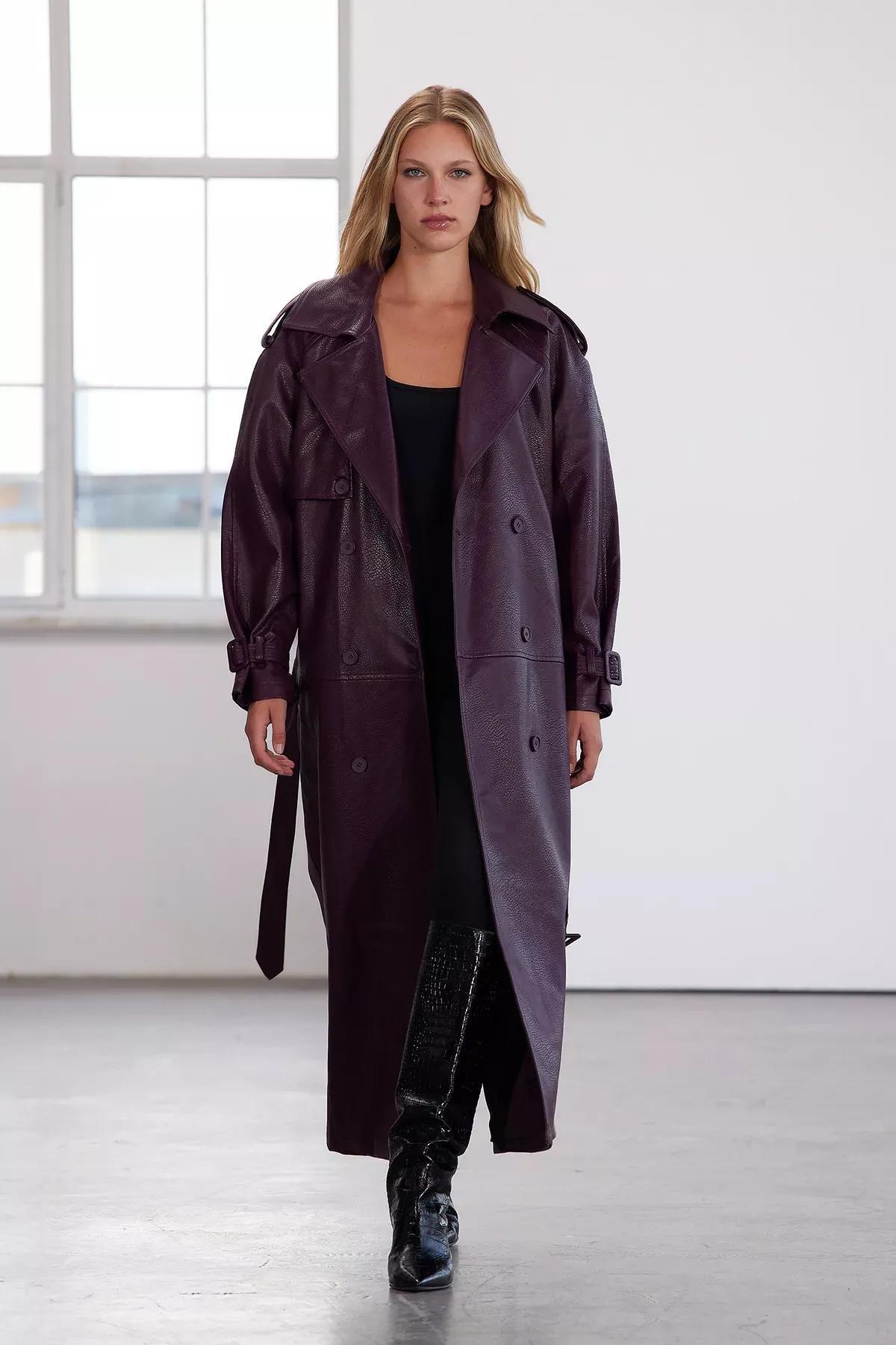 Burgundy Oversize Belted Trench Coat, Burgundy, medium