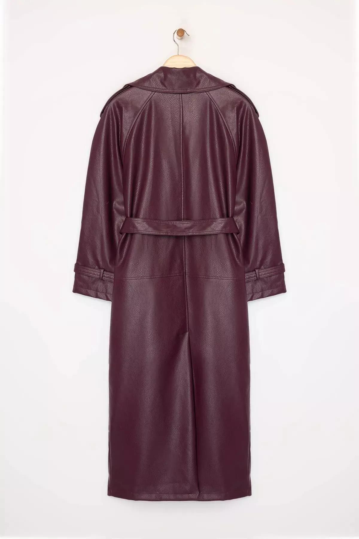 Burgundy Oversize Belted Trench Coat, Burgundy, large image number 6