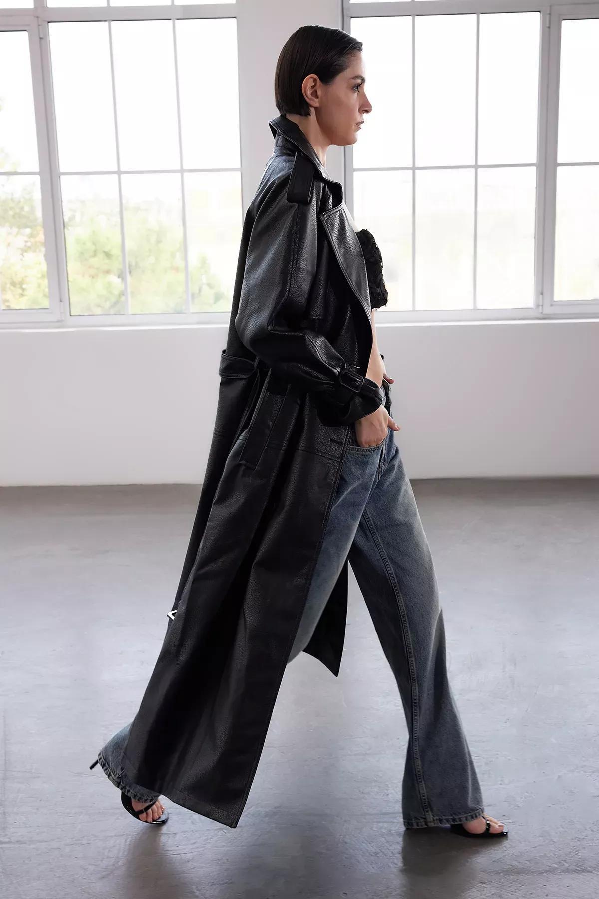 Black Oversize Belted Trench Coat, BLACK, large image number 1