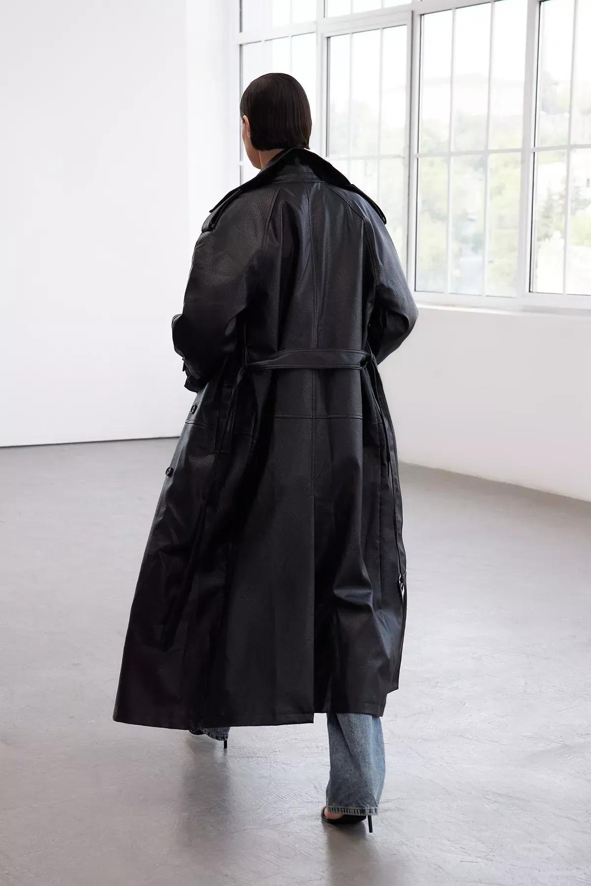 Black Oversize Belted Trench Coat, BLACK, large image number 2