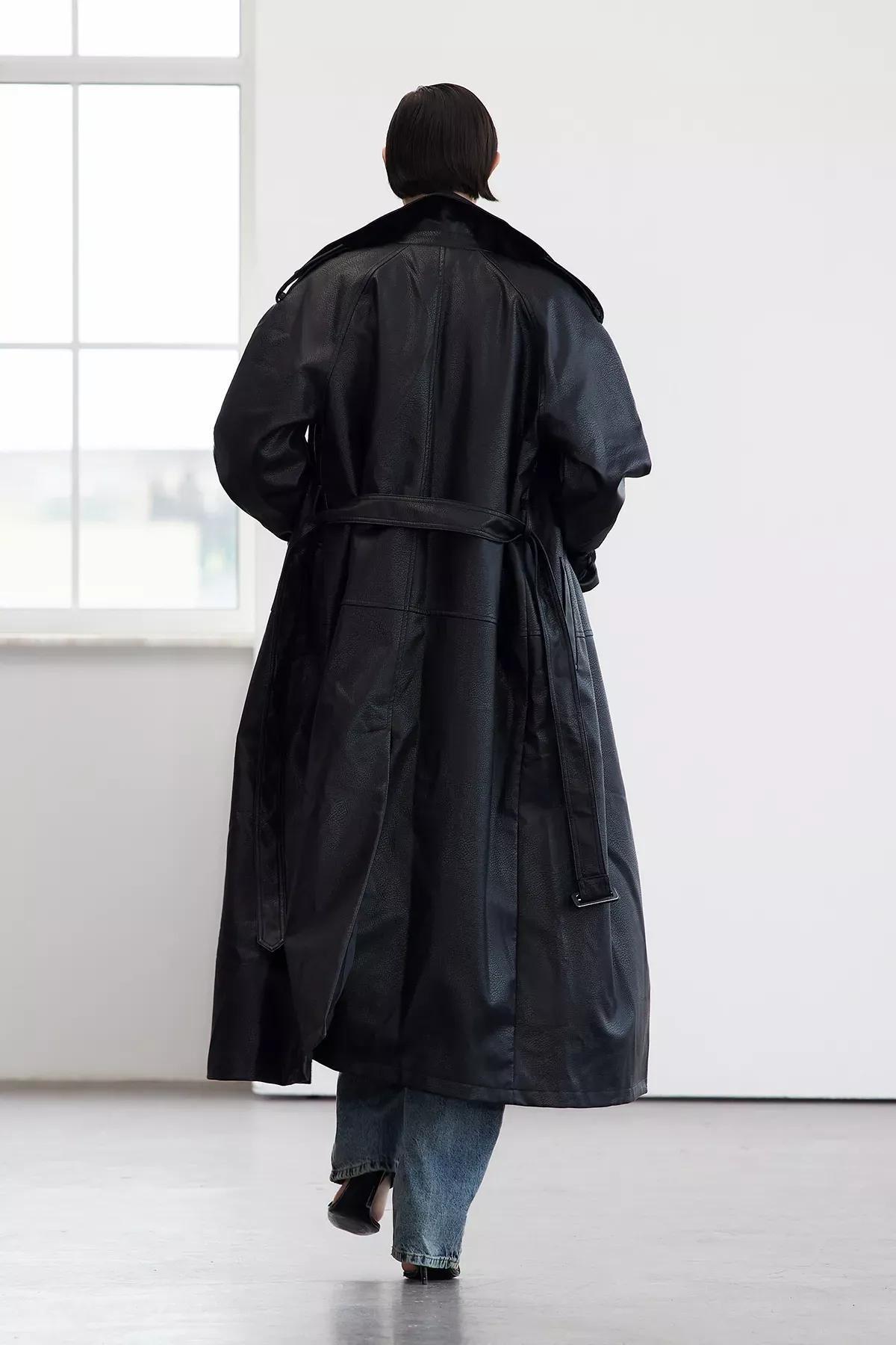 Black Oversize Belted Trench Coat, BLACK, large image number 3