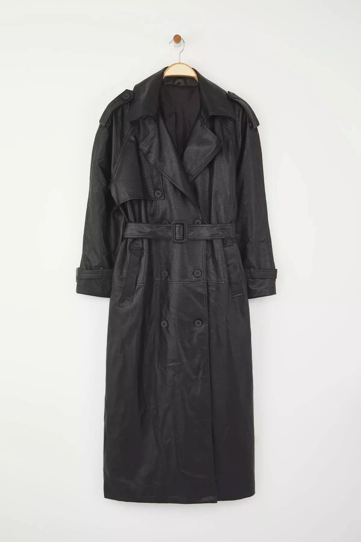 Black Oversize Belted Trench Coat, BLACK, large image number 4