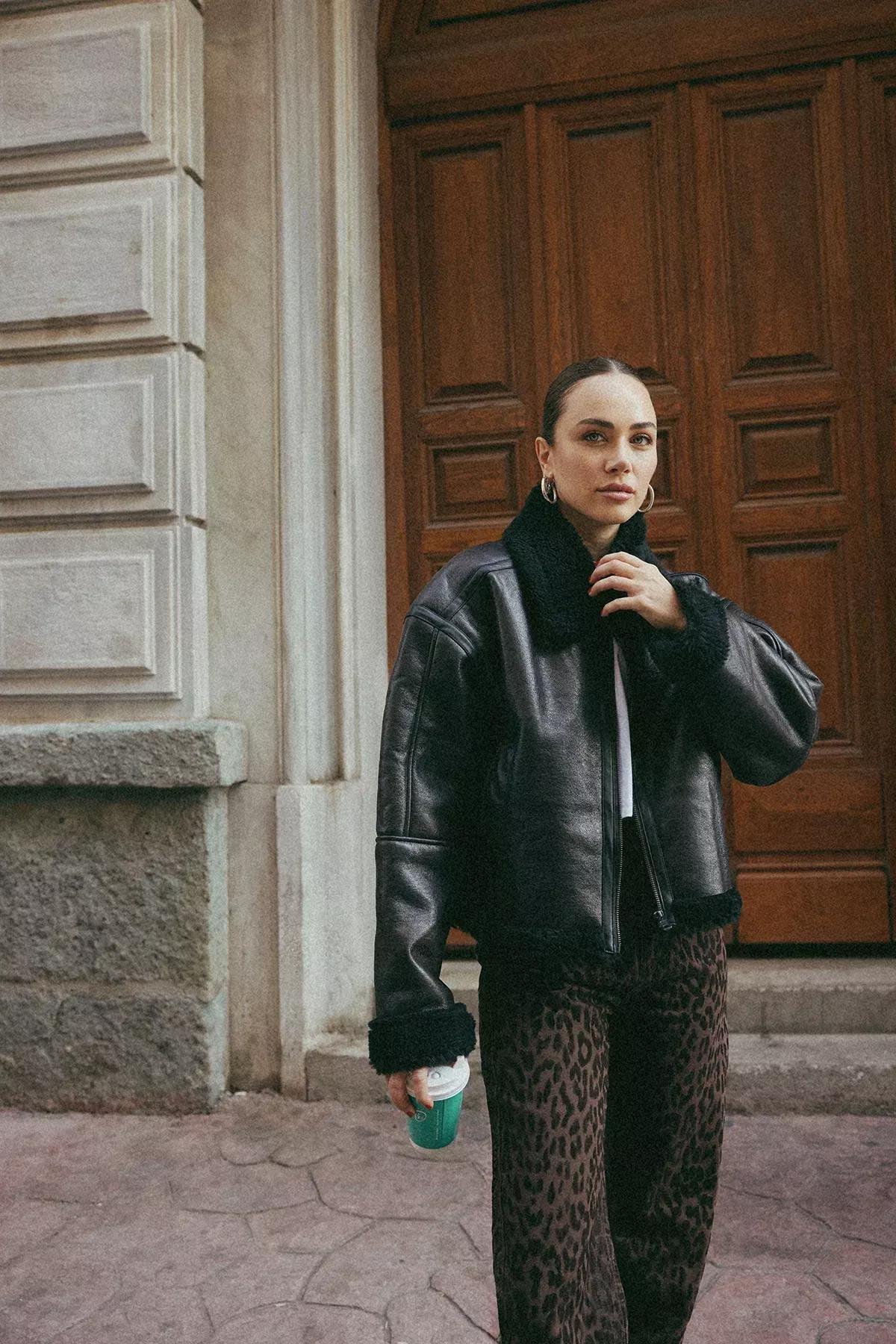 Brown Molded Plush Biker Jacket, Brown, medium