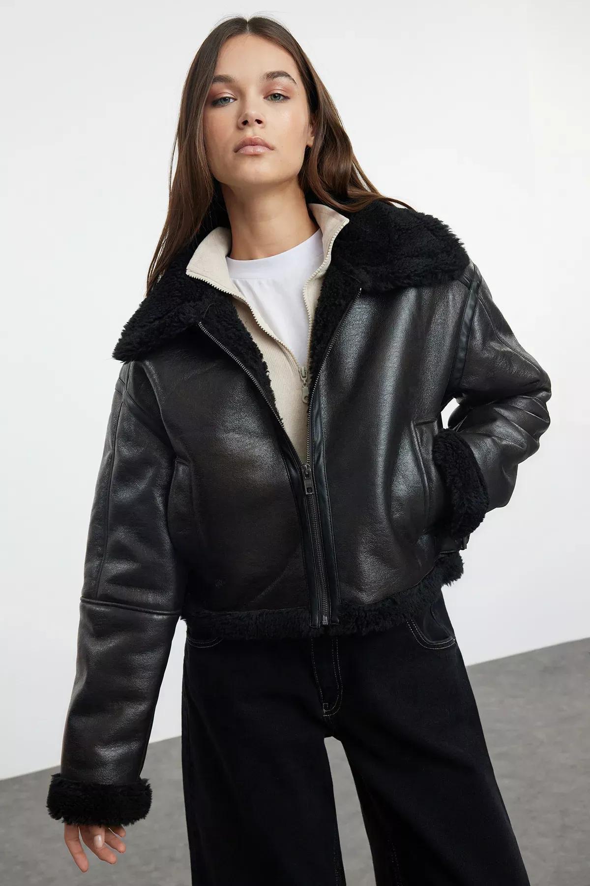 Brown Molded Plush Biker Jacket, Brown, large image number 2