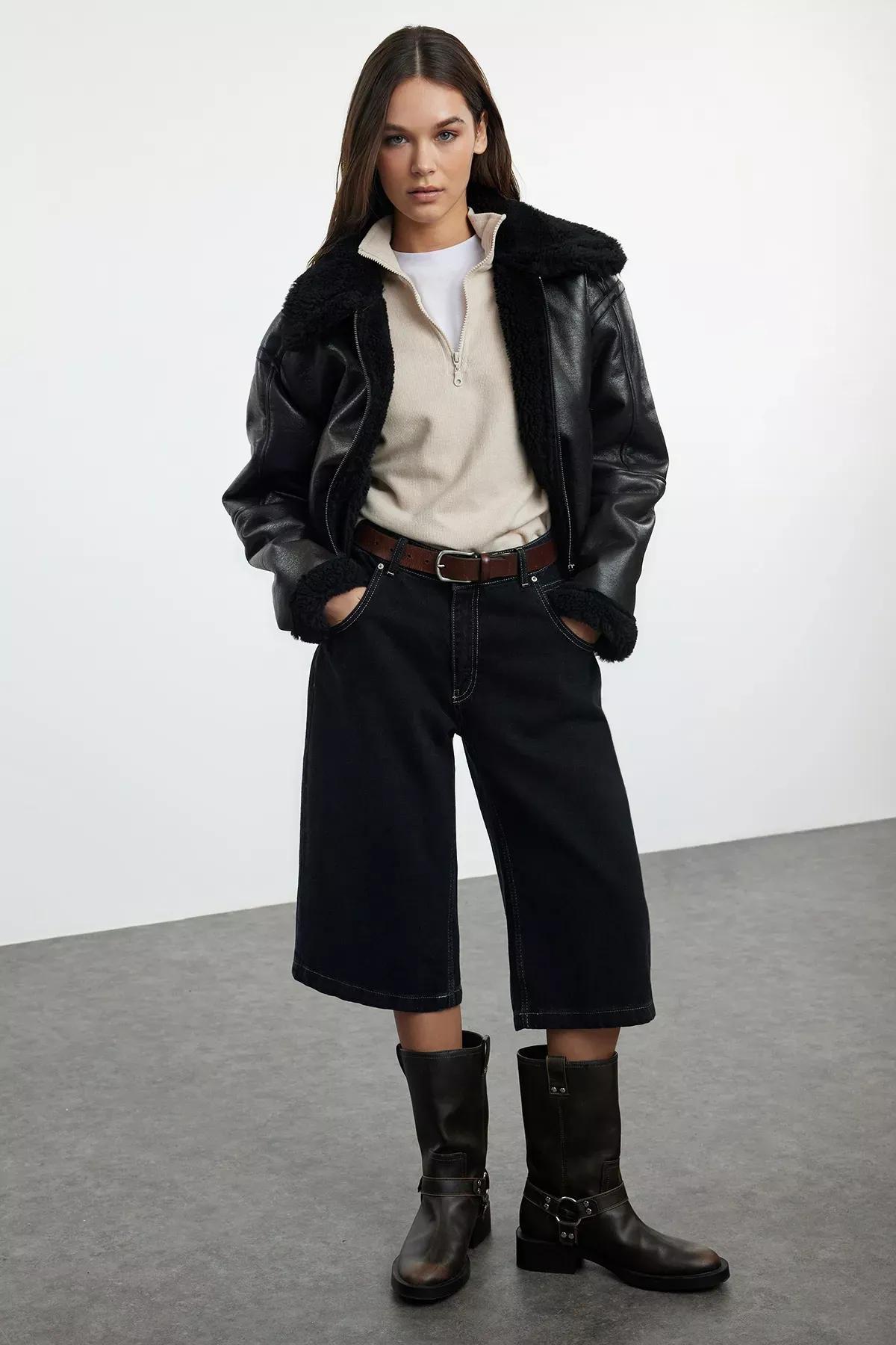 Brown Molded Plush Biker Jacket, Brown, large image number 3