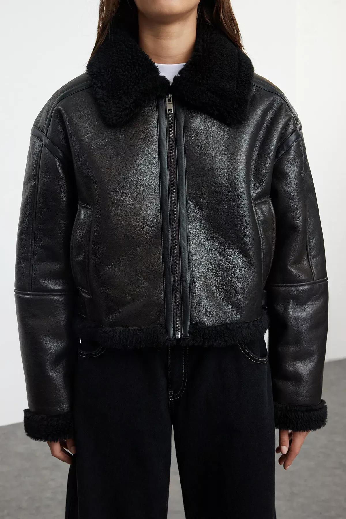 Brown Molded Plush Biker Jacket, Brown, large image number 4