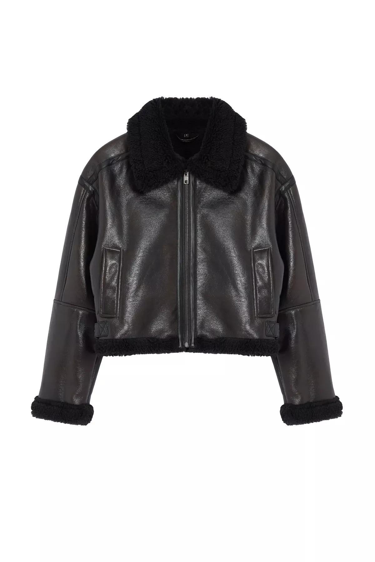 Brown Molded Plush Biker Jacket, Brown, large image number 5