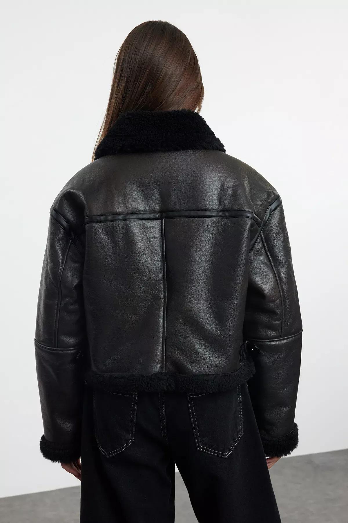 Brown Molded Plush Biker Jacket, Brown, large image number 6