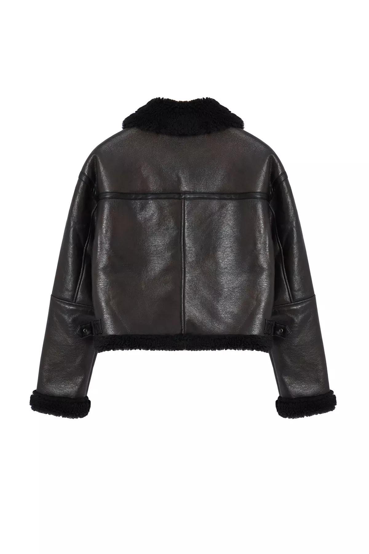 Brown Molded Plush Biker Jacket, Brown, large image number 7