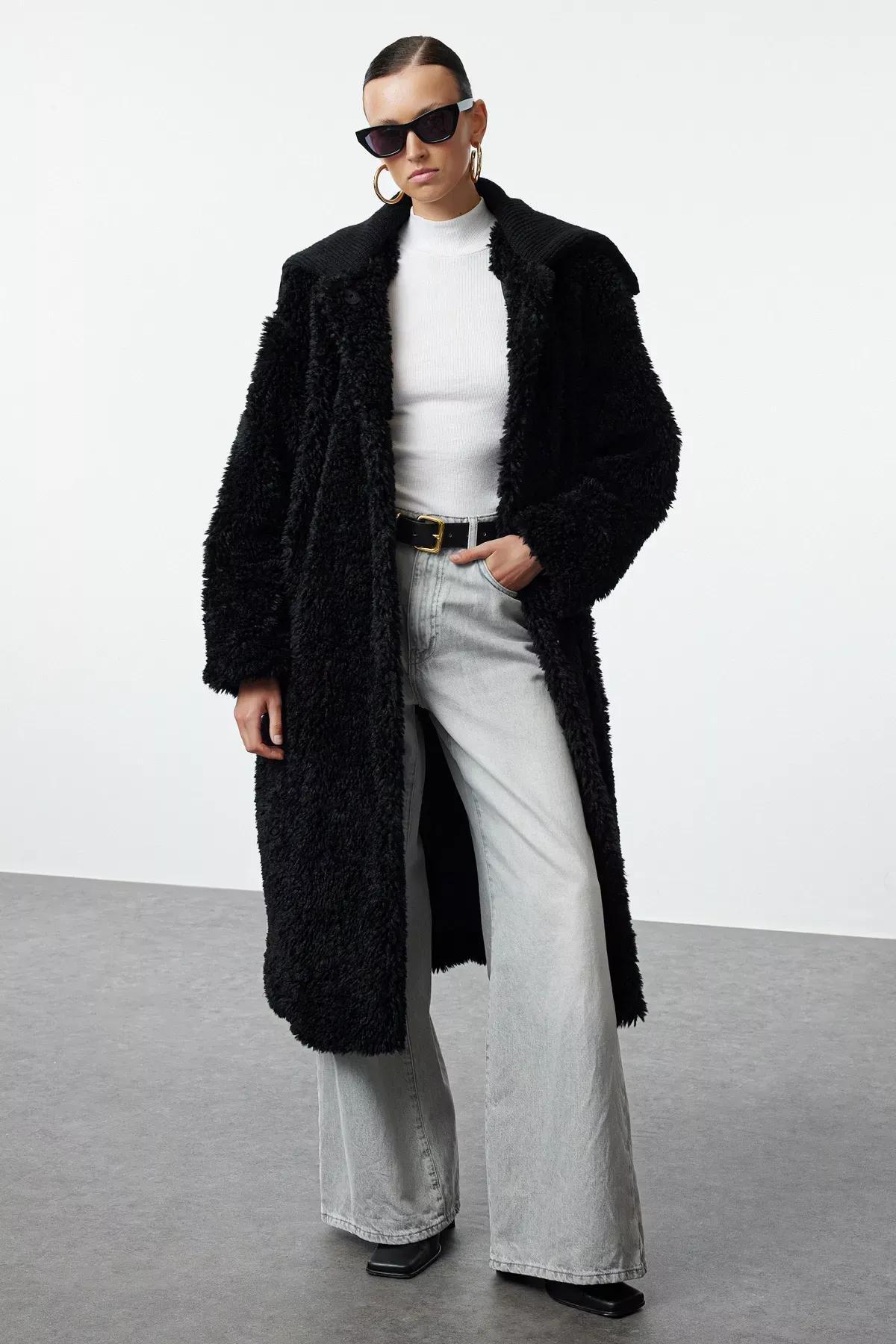 Black Oversize Plush Coat, , large image number 0