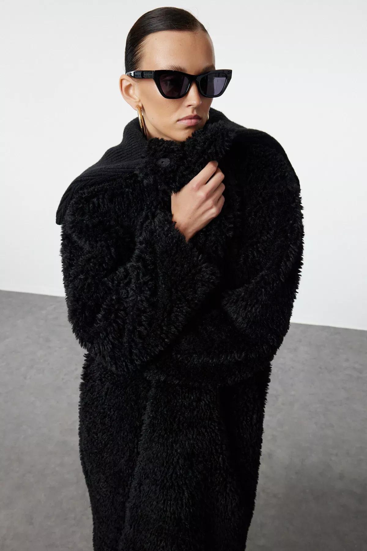 Black Oversize Plush Coat, , large image number 1