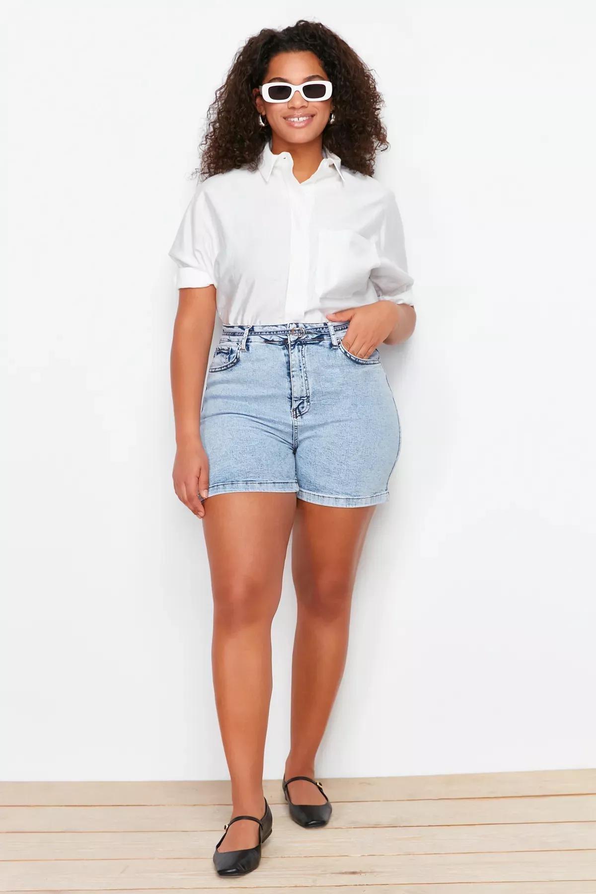 Blue High Waist Denim Shorts, LIGHT BLUE, large image number 0