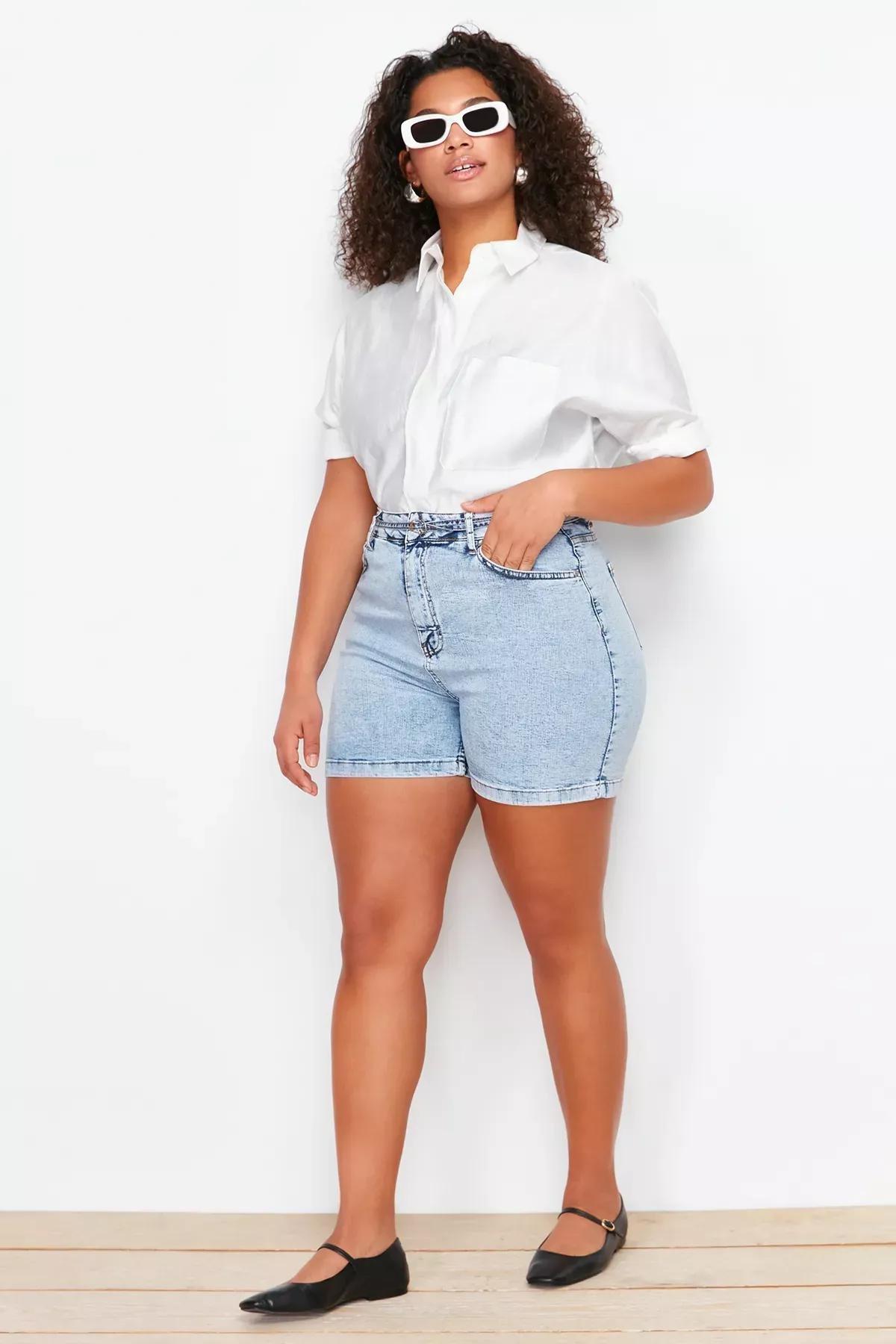 Blue High Waist Denim Shorts, LIGHT BLUE, large image number 1