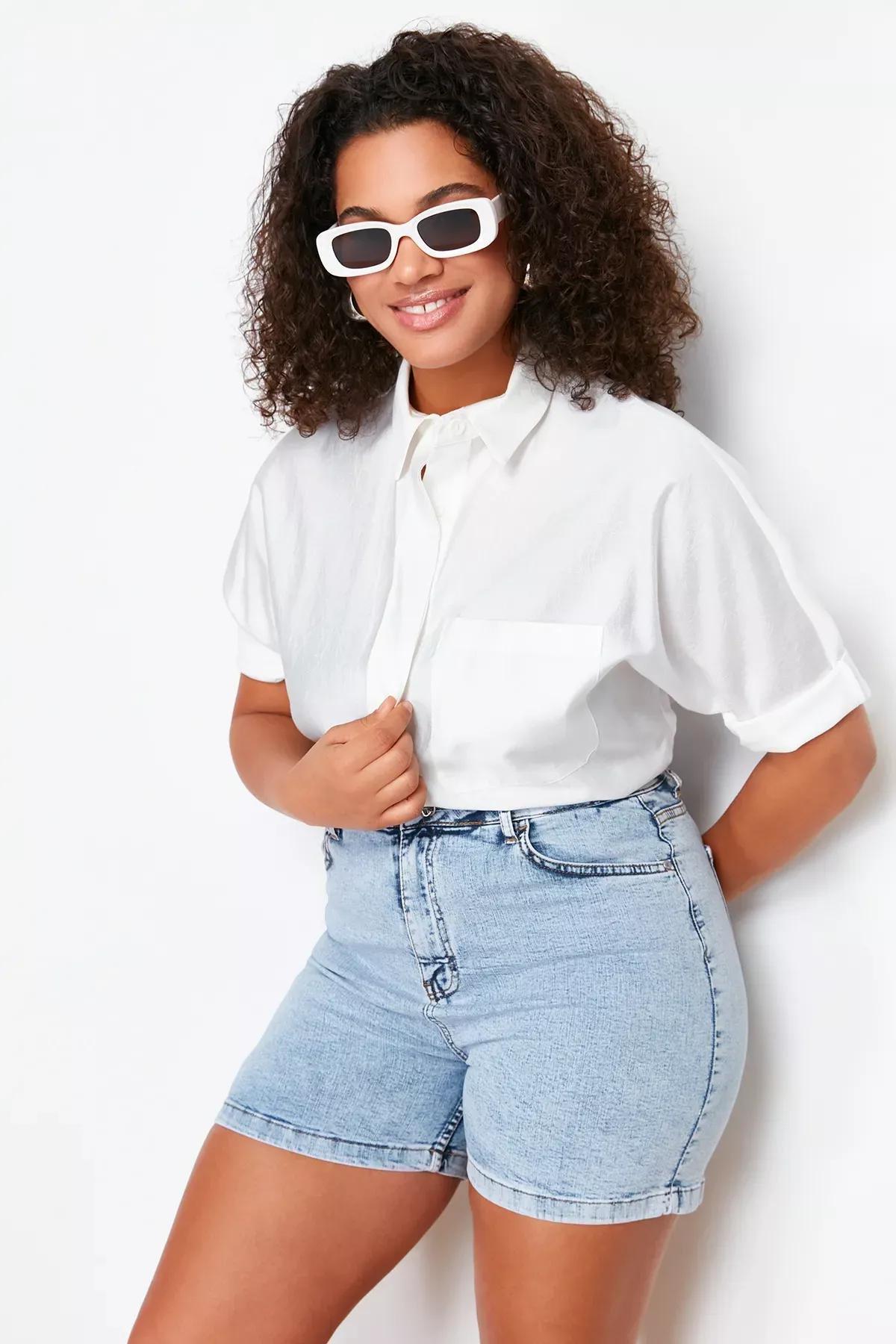 Blue High Waist Denim Shorts, LIGHT BLUE, large image number 2