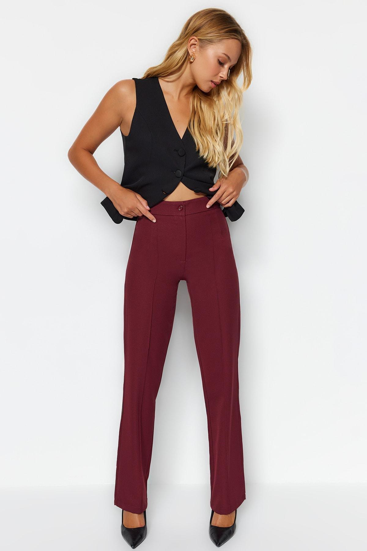Burgundy Straight/Straight High Waist Ribbed Stitching Woven Trousers, , large image number 2