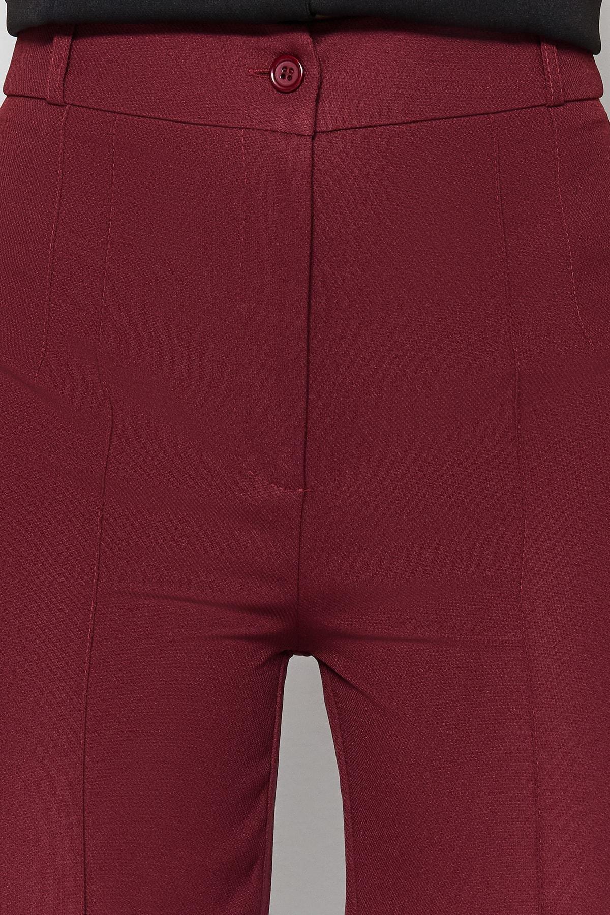 Burgundy Straight/Straight High Waist Ribbed Stitching Woven Trousers, , large image number 3