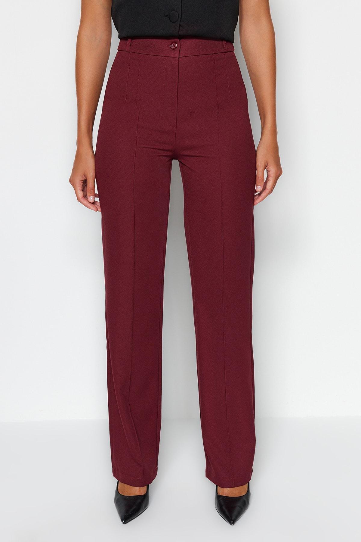 Burgundy Straight/Straight High Waist Ribbed Stitching Woven Trousers, , large image number 4