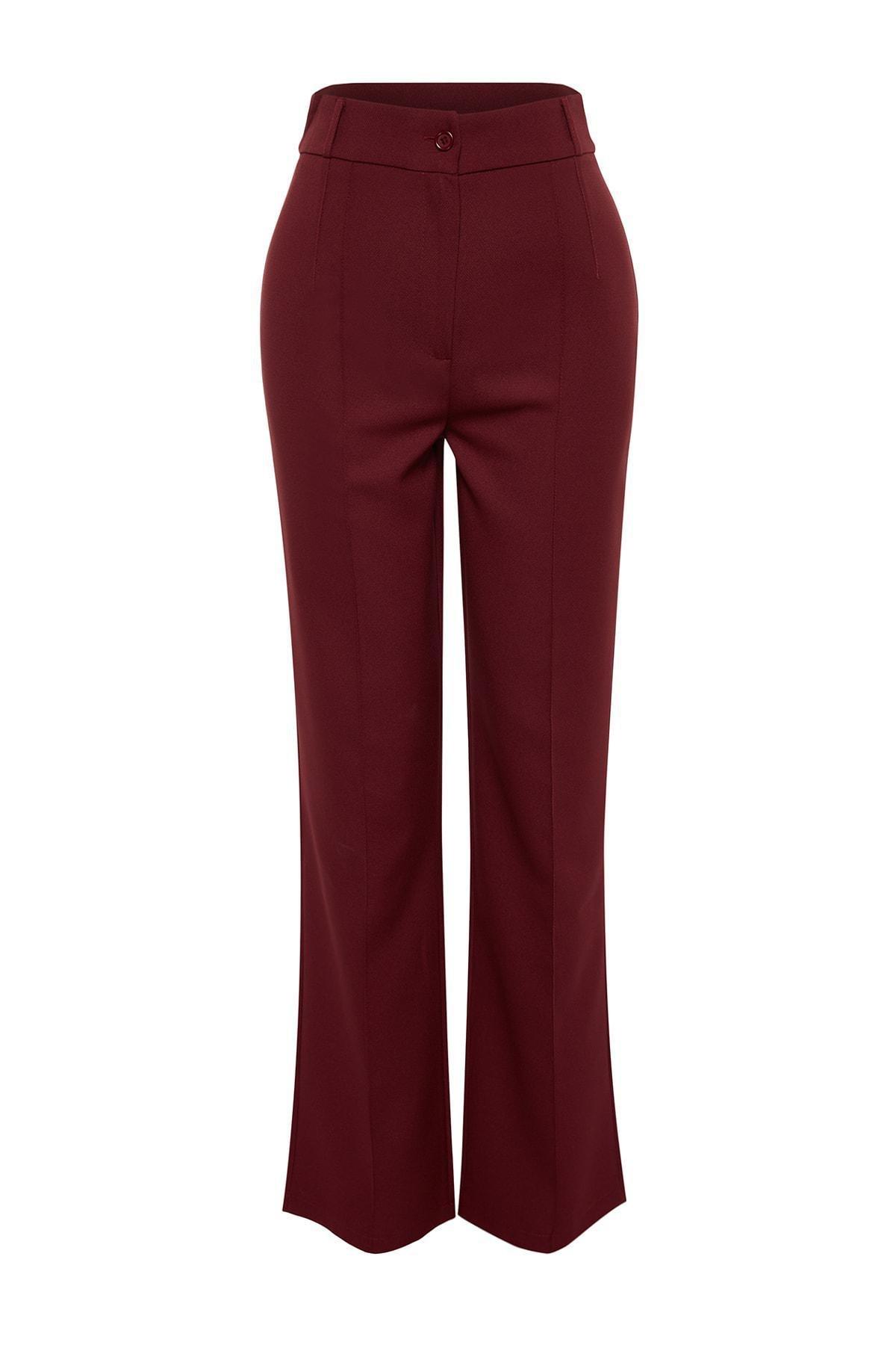 Burgundy Straight/Straight High Waist Ribbed Stitching Woven Trousers, , large image number 5
