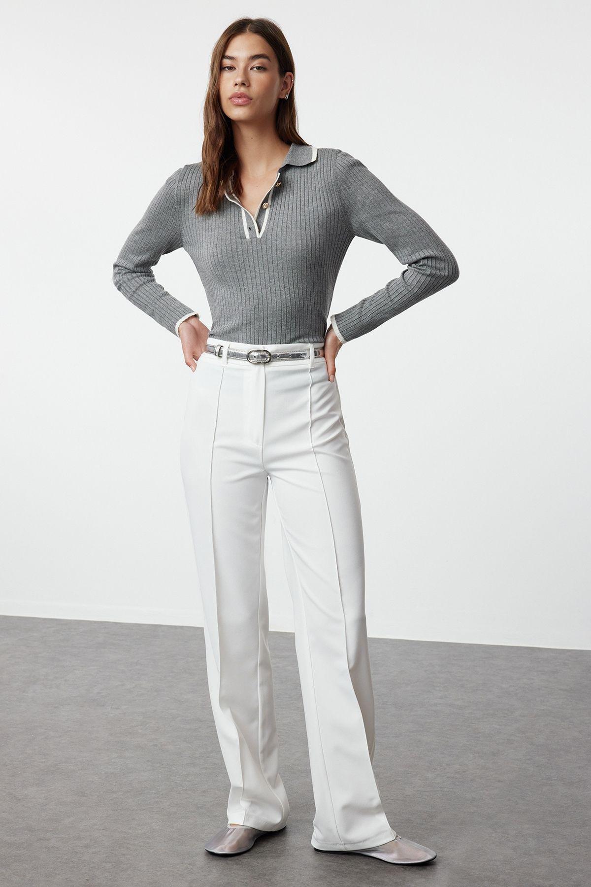 Ecru High Waist Ribbed Stitched Woven Trousers, , large image number 0