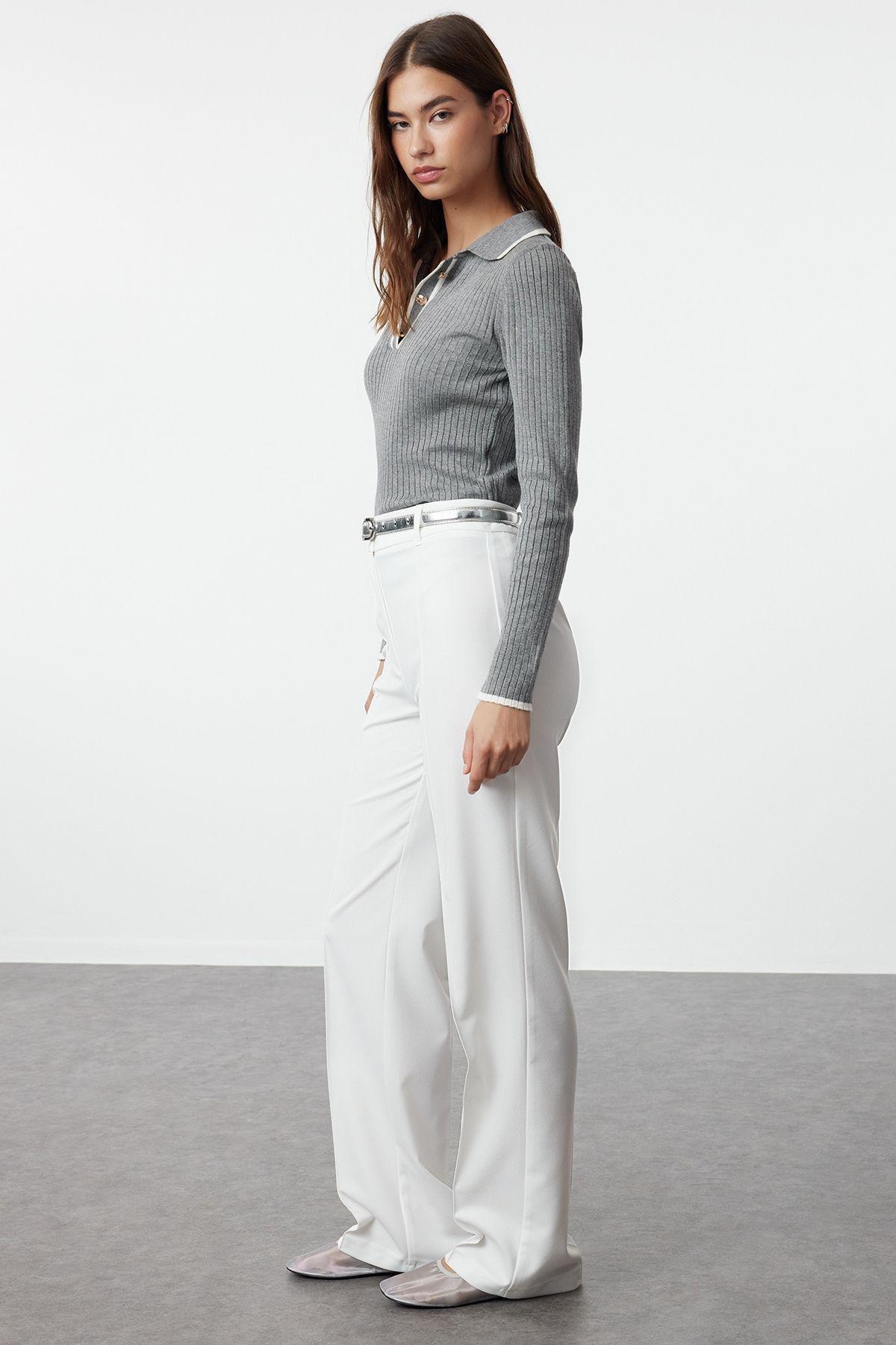 Ecru High Waist Ribbed Stitched Woven Trousers, , large image number 1