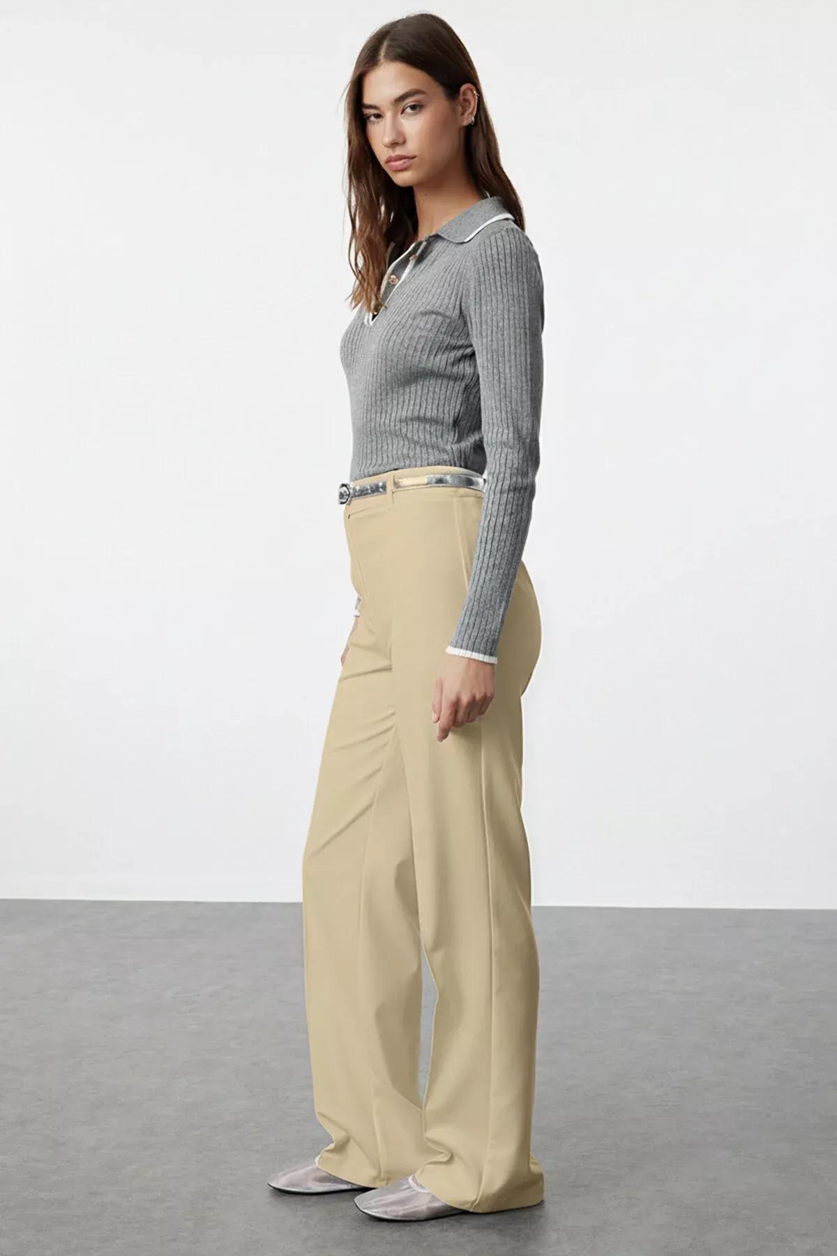 Ecru High Waist Ribbed Stitched Woven Trousers, Ecru, medium