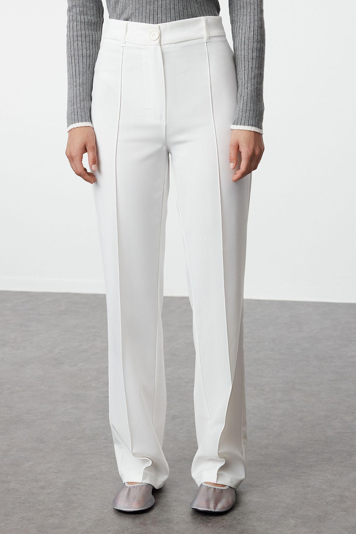 Ecru High Waist Ribbed Stitched Woven Trousers, , large image number 3