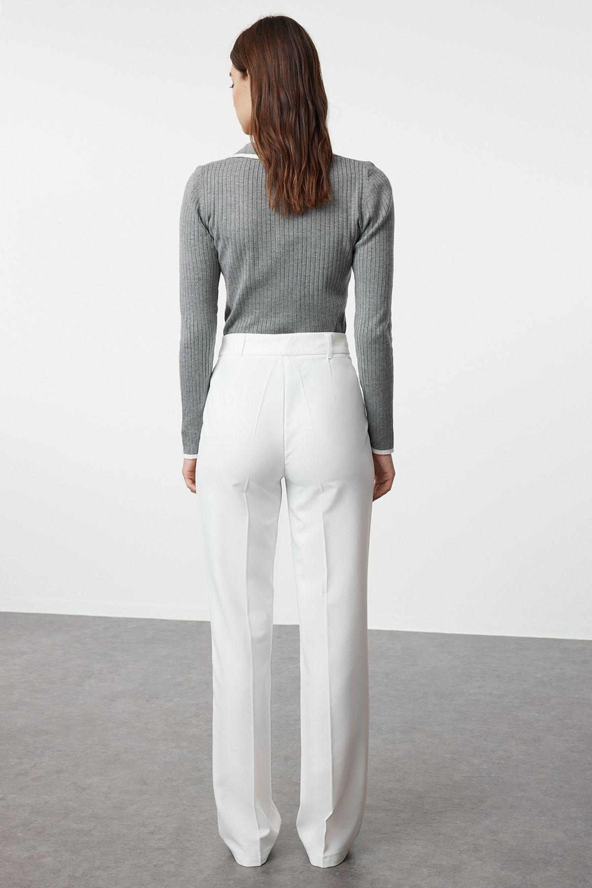 Ecru High Waist Ribbed Stitched Woven Trousers, , large image number 4