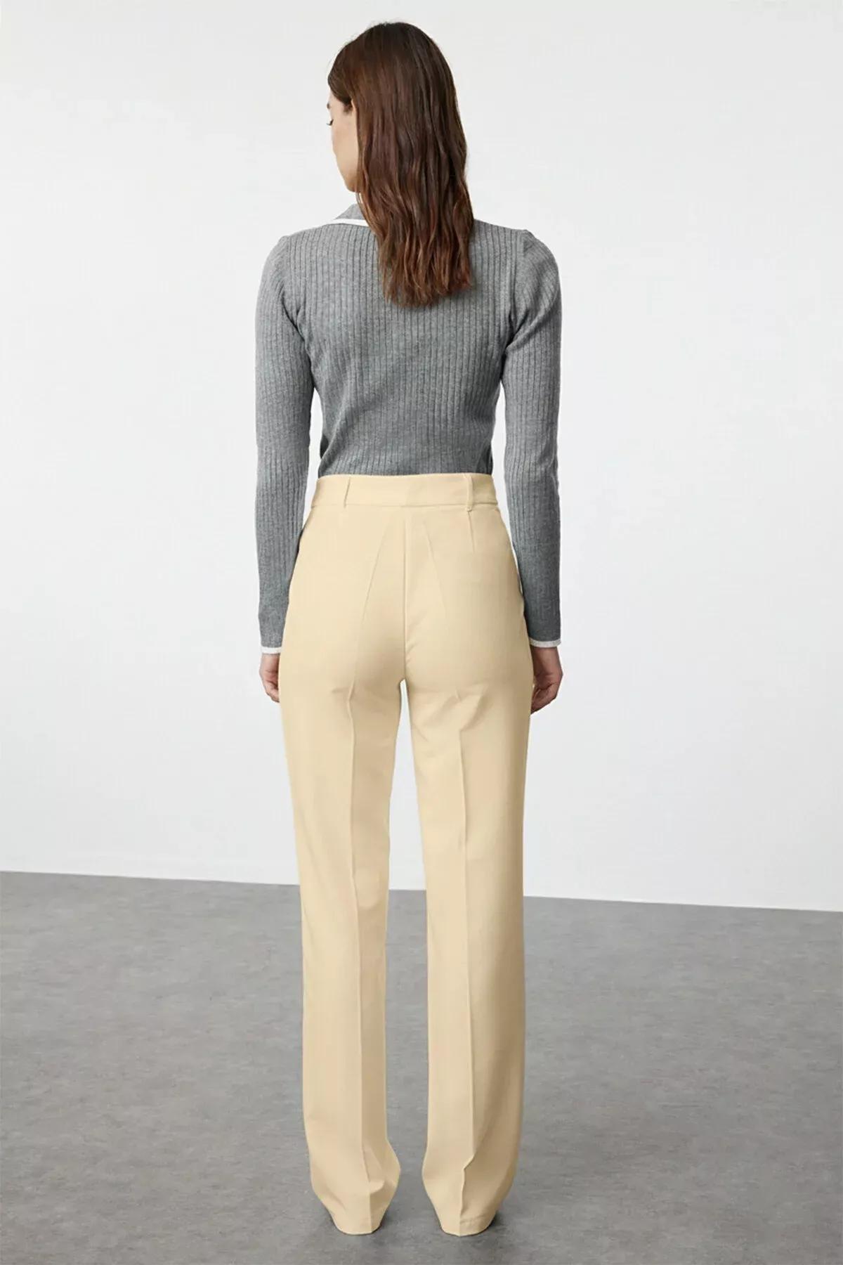 Ecru High Waist Ribbed Stitched Woven Trousers, Ecru, large image number 4