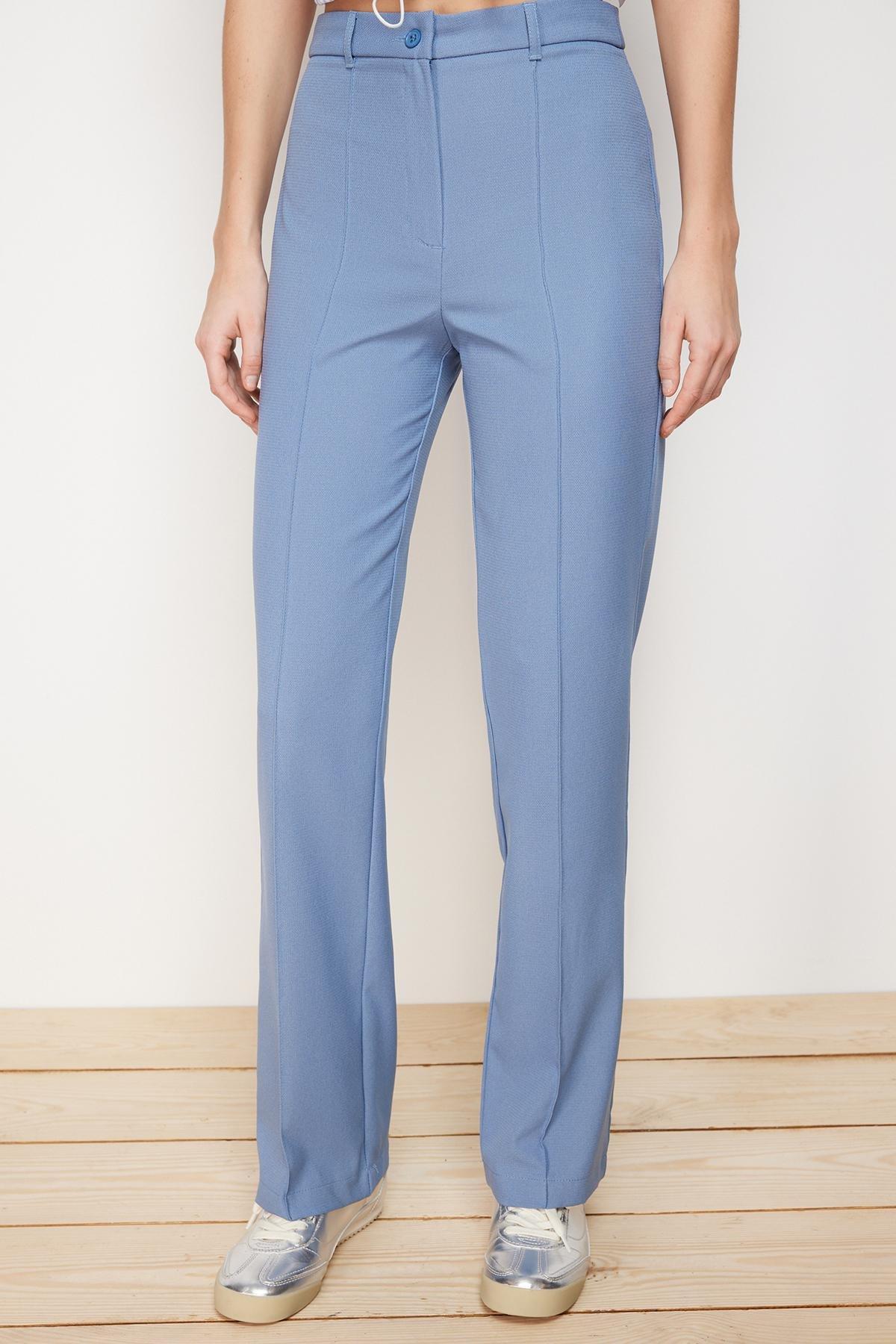 Blue High Waist Ribbed Stitched Trousers, , large image number 3