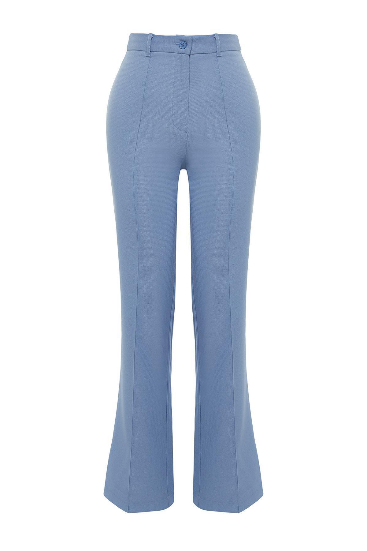 Blue High Waist Ribbed Stitched Trousers, , large image number 5
