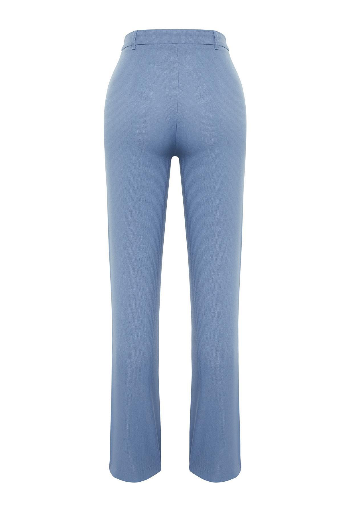 Blue High Waist Ribbed Stitched Trousers, , large image number 6